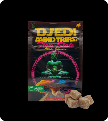 Variety of magic mushroom gummies showcased for microdosing, available at Djedimindtrips.